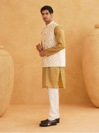 SOJANYA Ethnic Motifs Printed Mandarin Collar Kurta With Churidar And Nehru Jacket