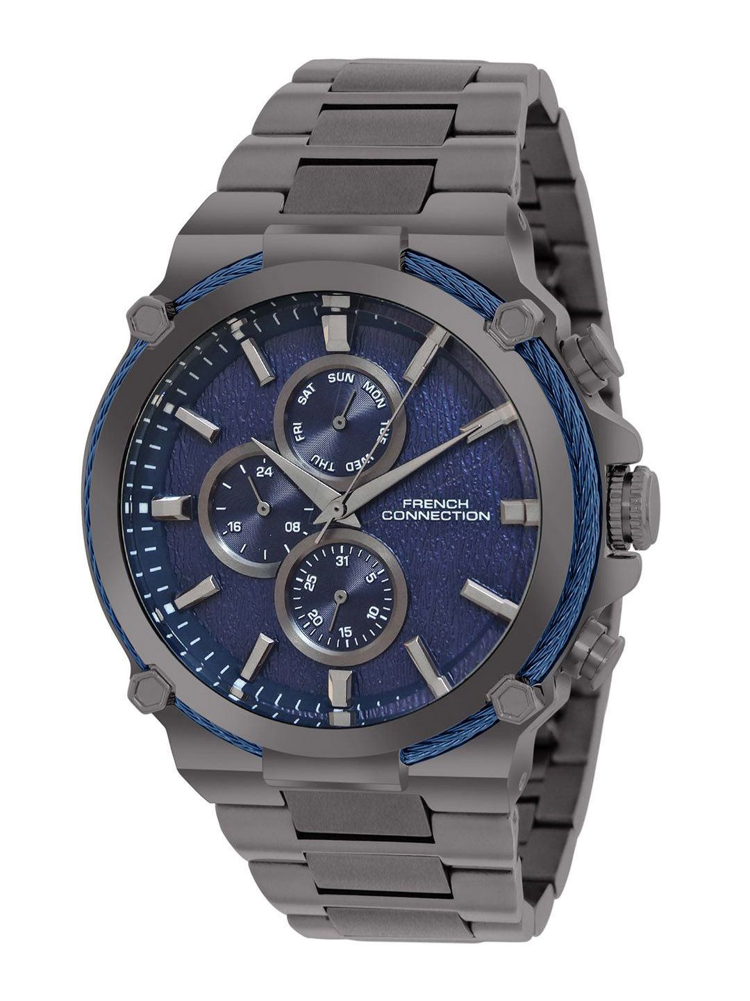 French Connection Men Patterned Dial & Stainless Steel Bracelet Style Straps Analogue Multi Function Watch