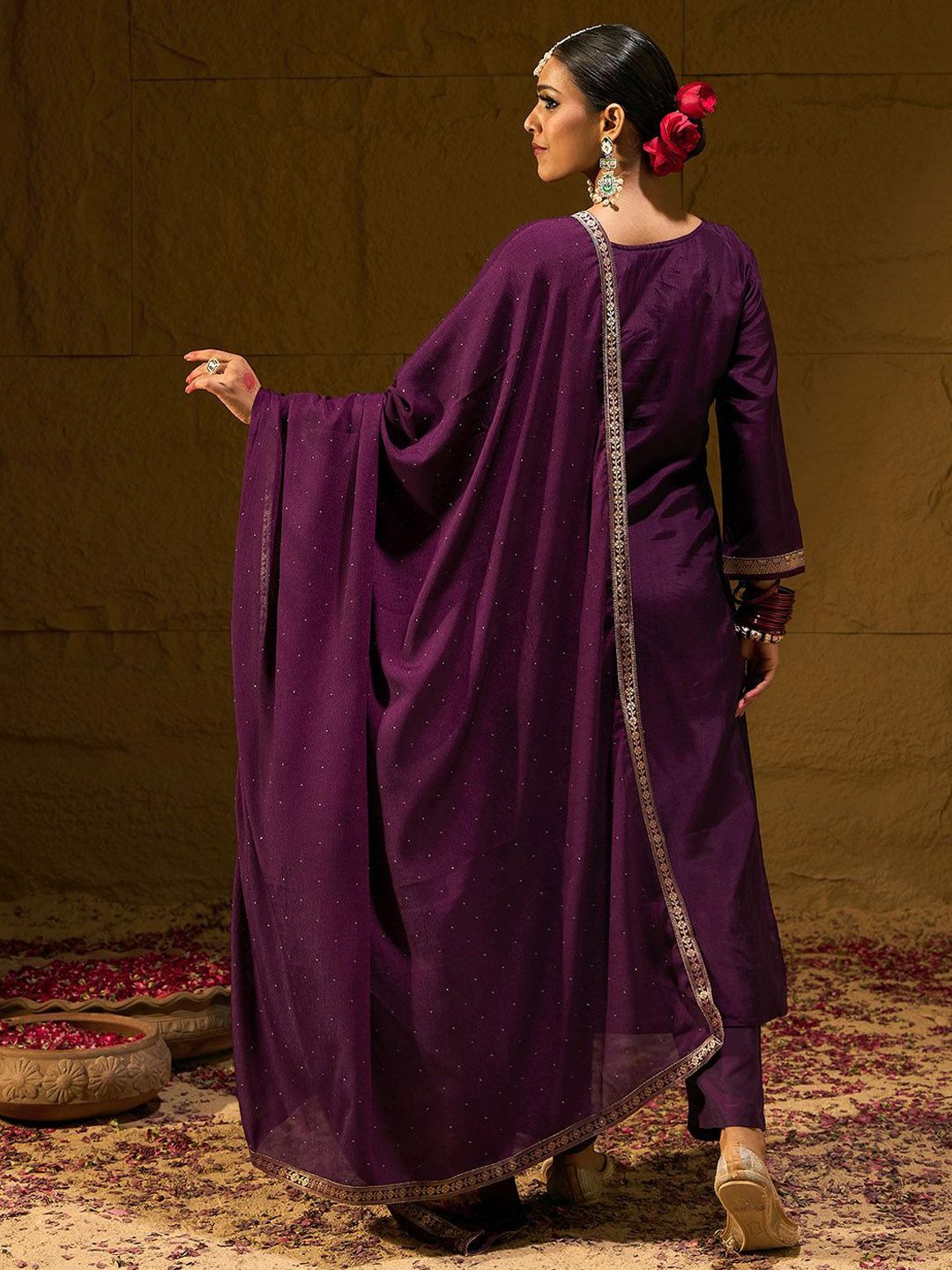 Indo Era Burgundy Geometric Embroidered Jacquard Weave Kurta with Trousers & Dupatta