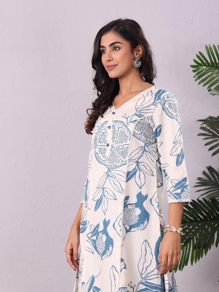 Varanga Floral Printed V-Neck Sequinned Panelled Cotton A-Line Kurta