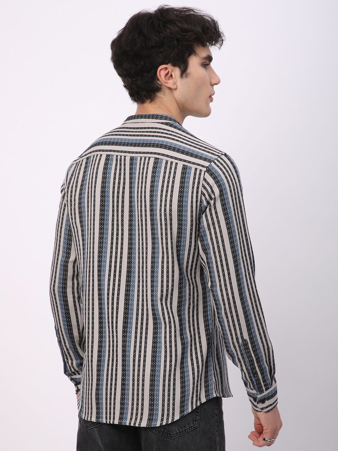 VASTRADO Men Classic Mandarin Collar Multi Striped Cotton Slim Fit Casual Shirt