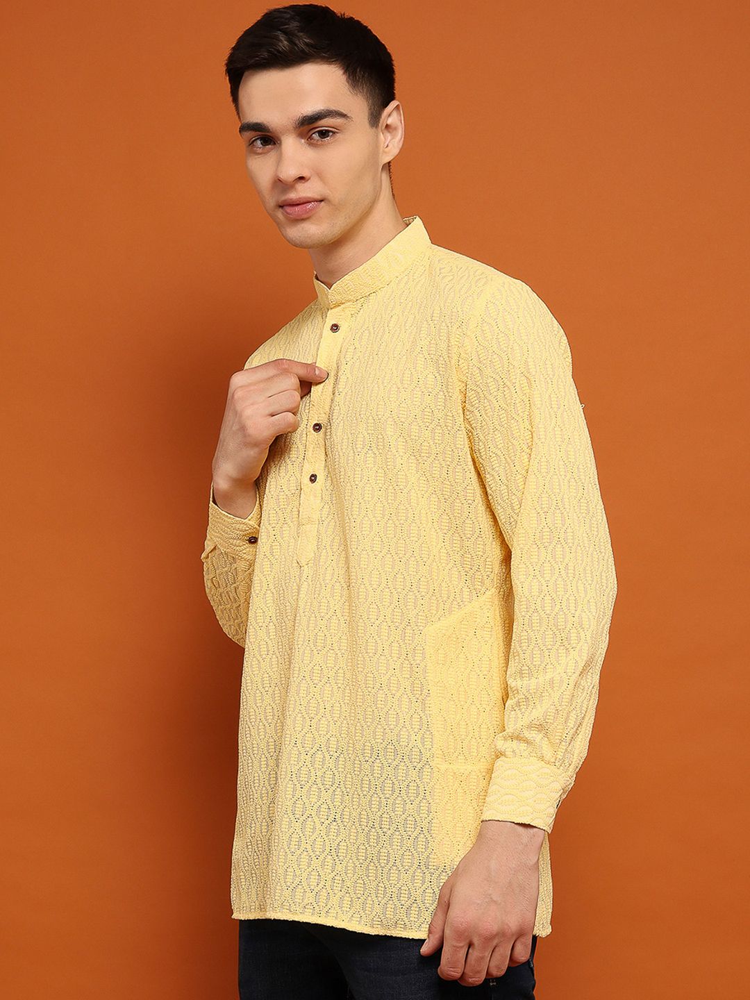 House of Chikankari Men Yellow Cotton Chikankari Embroidered Kurta