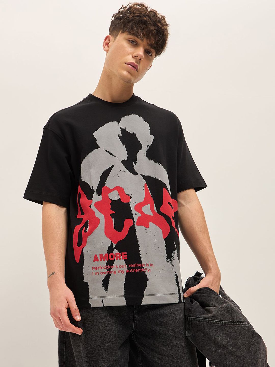 THE BEAR HOUSE Abstract Printed Round Neck Cotton Oversized T-shirt