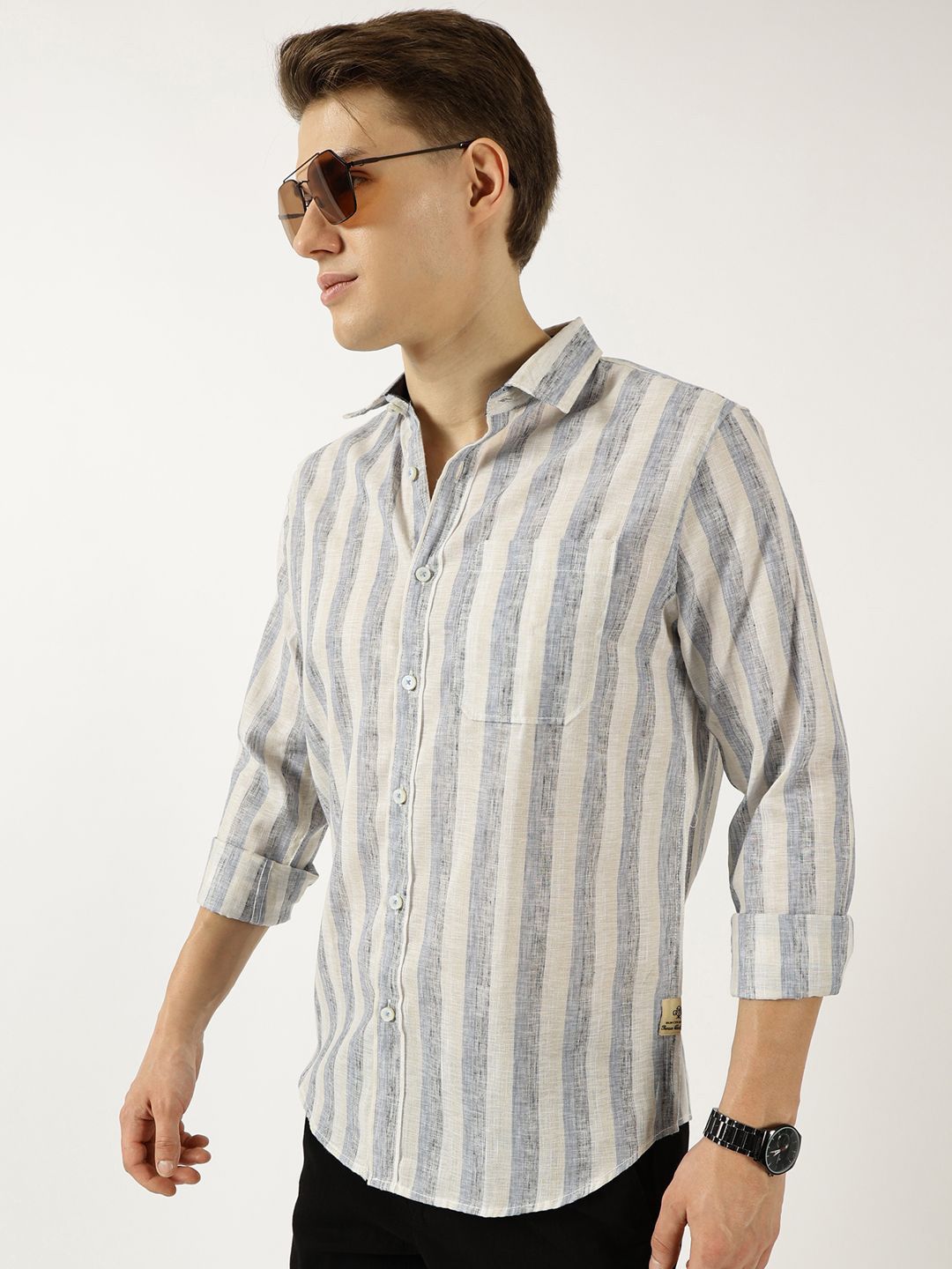 Thomas Scott Men Classic Spread Collar Vertical Striped Linen Slim Fit Casual Shirt