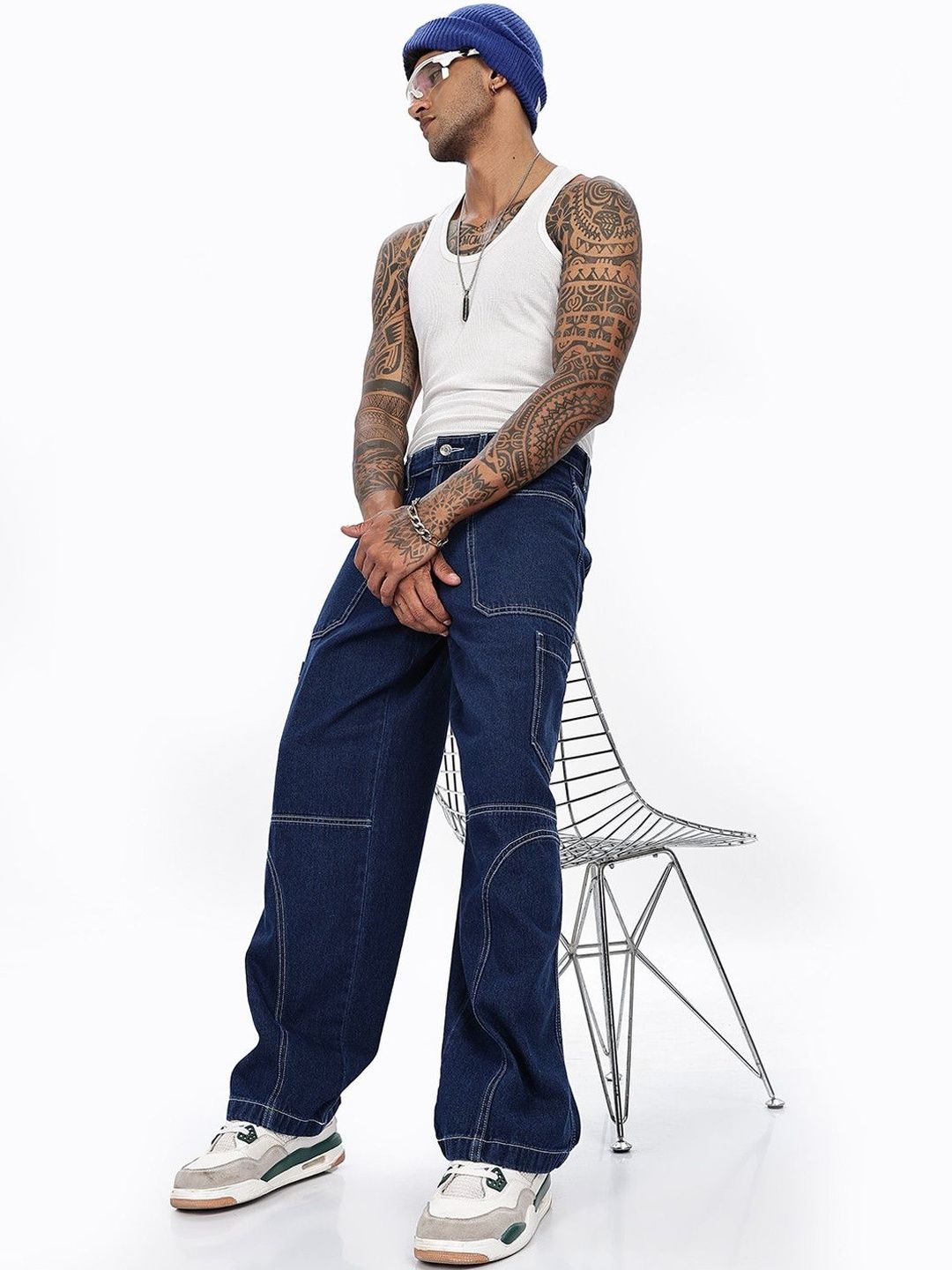 Eszett Lelaki Blue Baggy Fit Mid-Rise Gaya Kargo Jeans