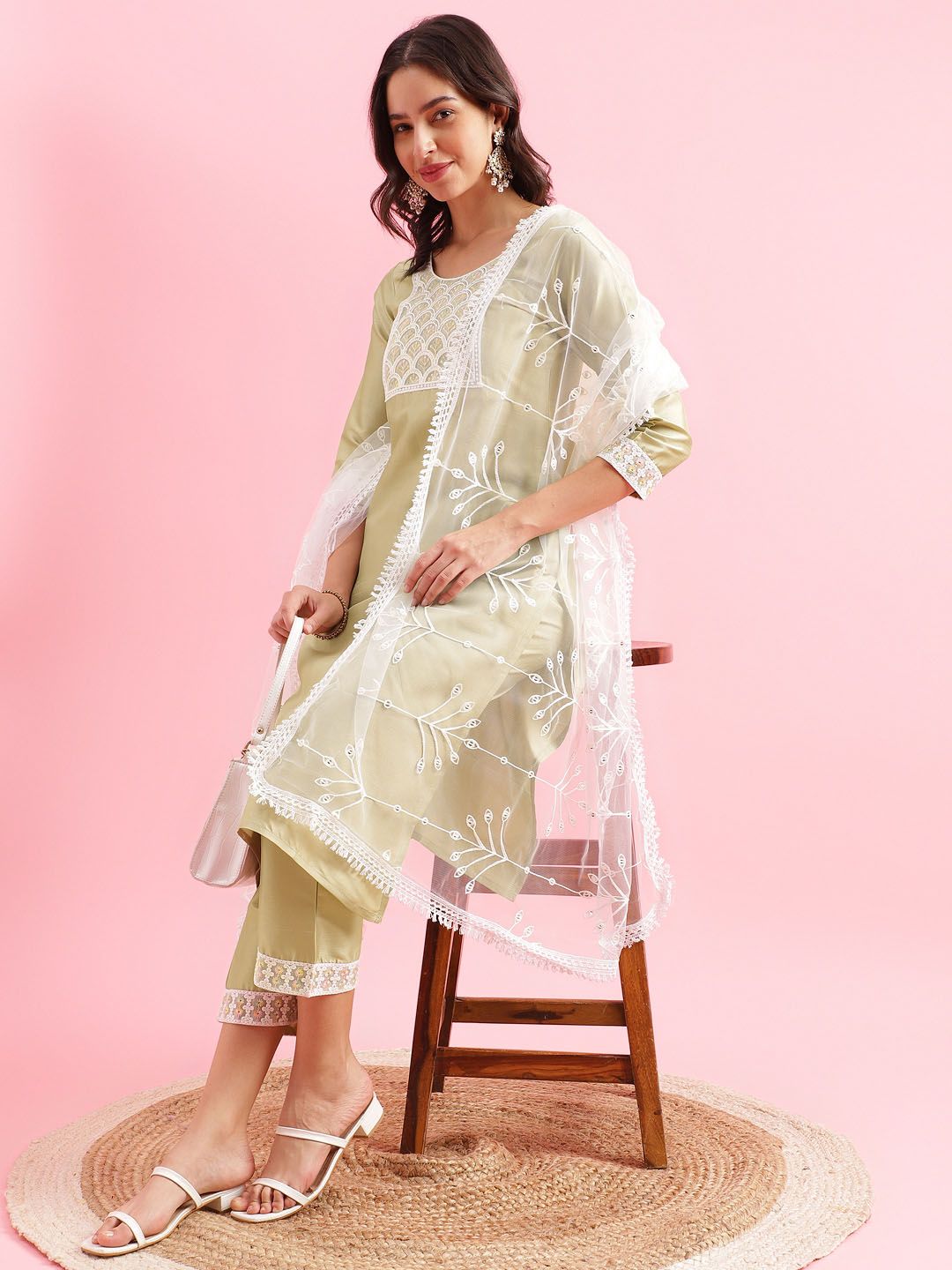 KALINI Women Floral Embroidered Regular Sequinned Kurta with Trousers & Dupatta