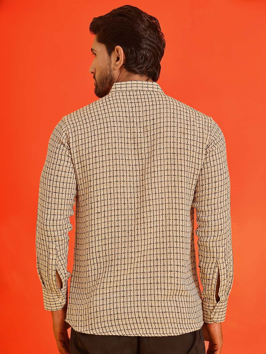 Jompers Checked Band Collar Long Roll-Up Sleeves Straight Kurta