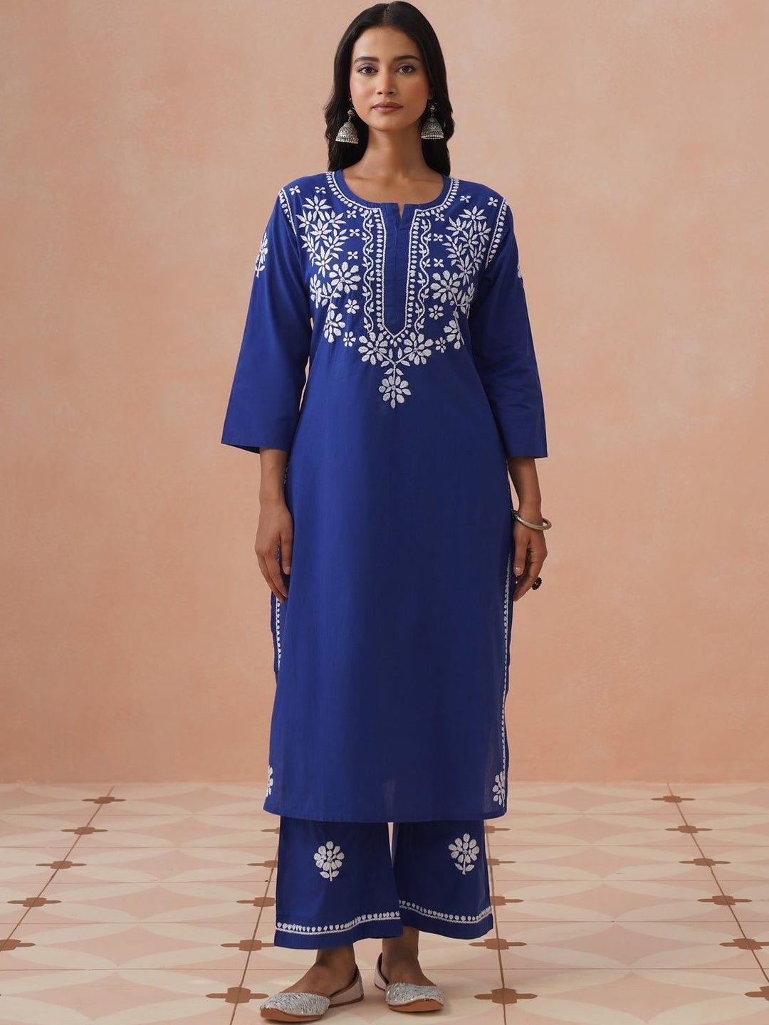 House of Chikankari Women Kurta Biasa Biru dengan Set Seluar