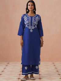 House of Chikankari Women Kurta Biasa Biru dengan Set Seluar