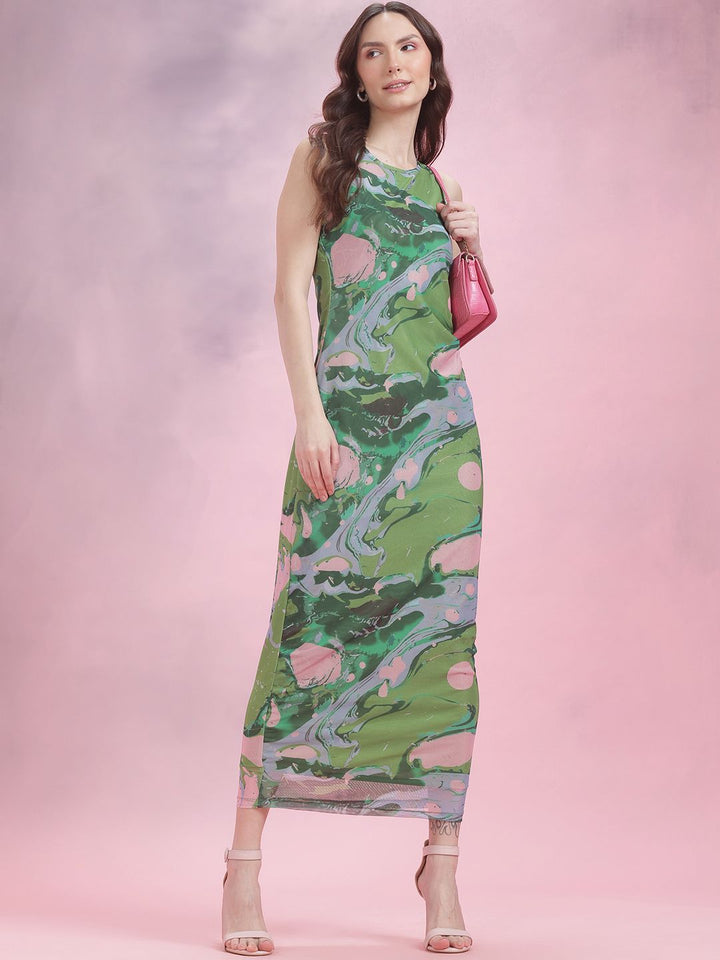 DressBerry Ruched Printed Mesh Maxi Dress