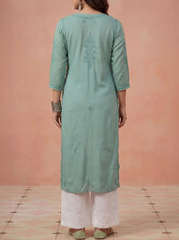 House of Chikankari Solid Green Embroidered Modal Pockets Kurta