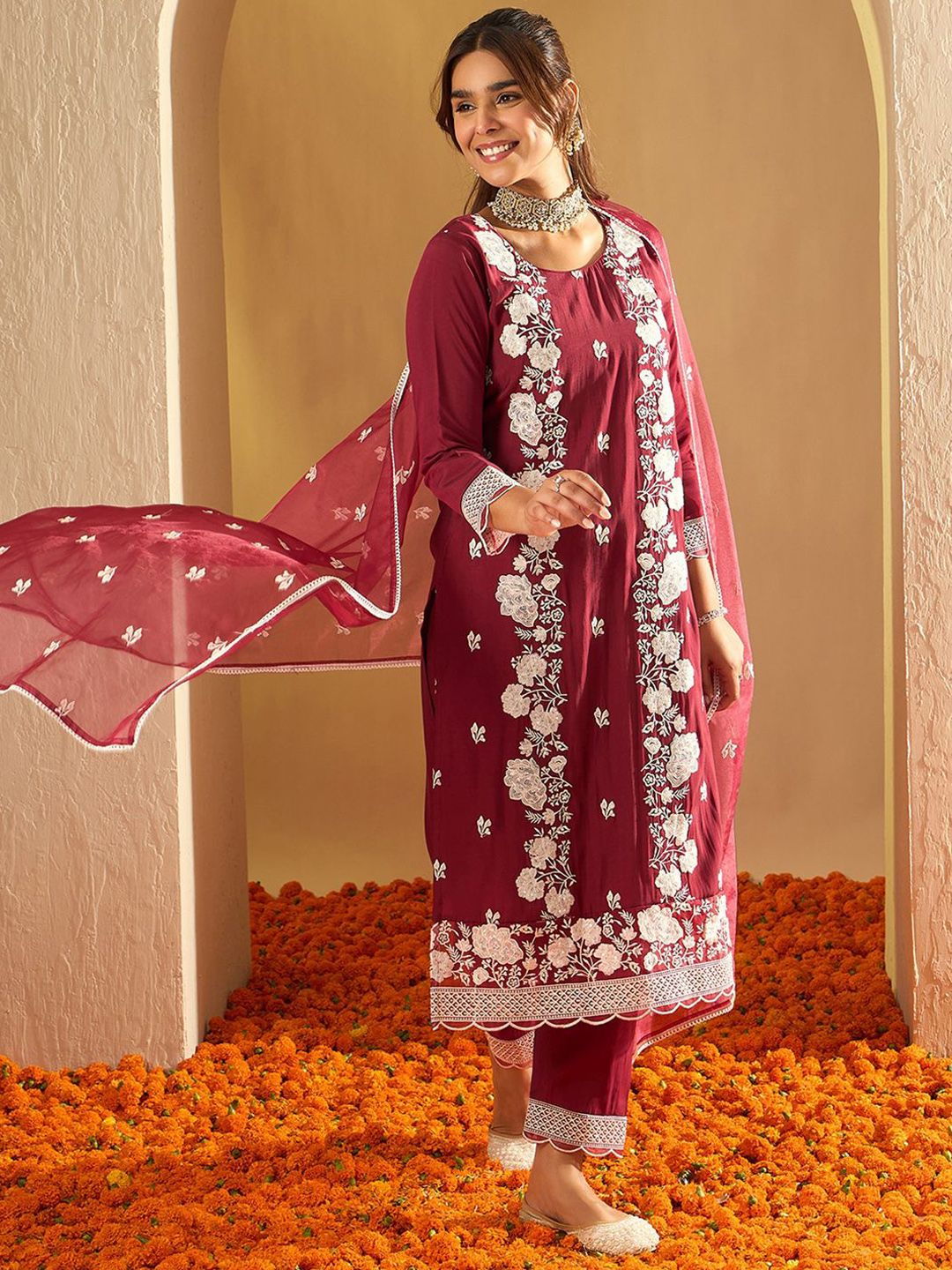 Indo Era Floral Embroidered Straight Thread Work Kurta with Trousers & Dupatta