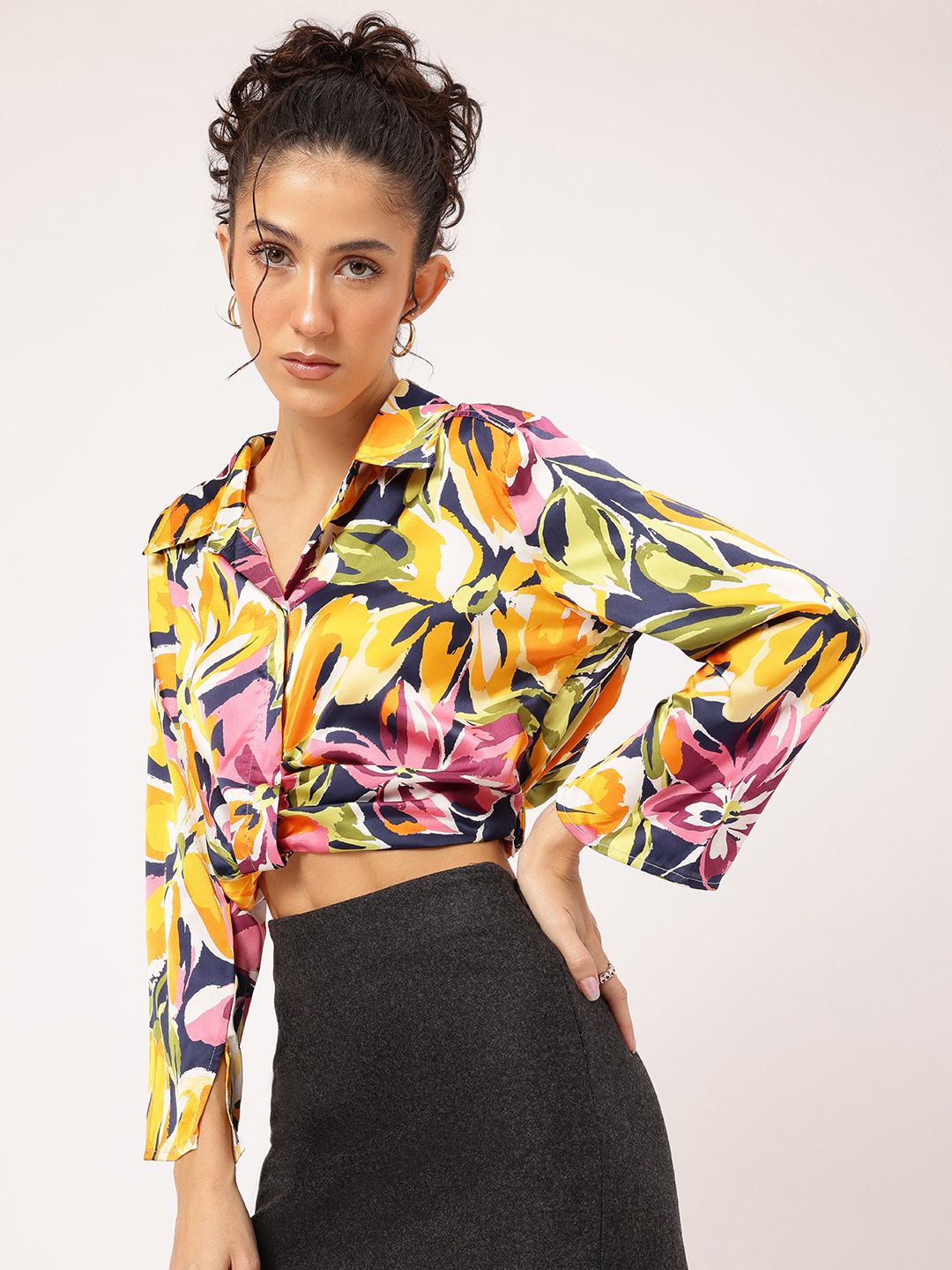 DressBerry Delicate Dance Satin Floral Print Slit Sleeve Top