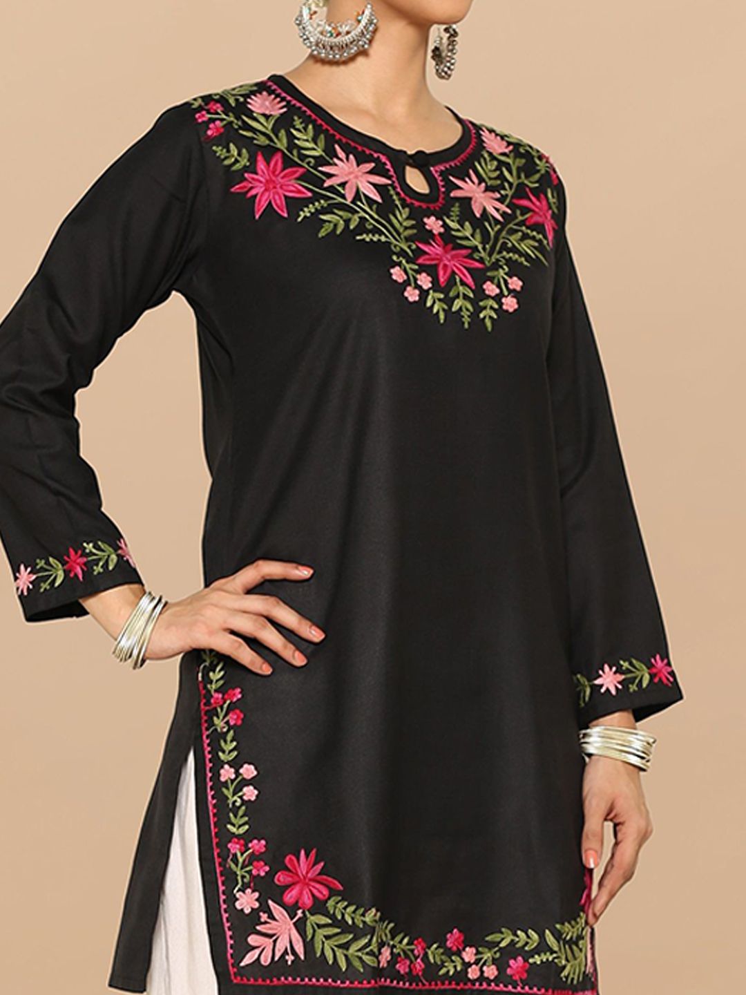 HOUSE OF KARI Floral Embroidered Cotton Falak Kashmiri Straight Kurta