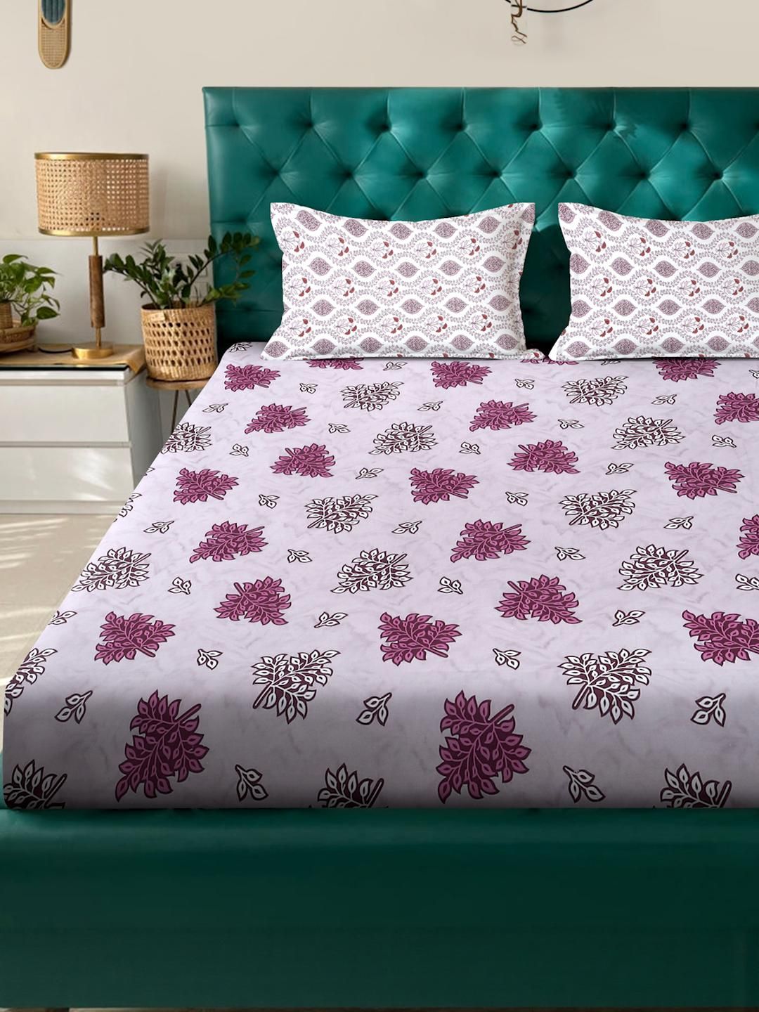 KLOTTHE Ungu & Putih Bunga 400 TC Cadar King dengan 2 Sarung Bantal