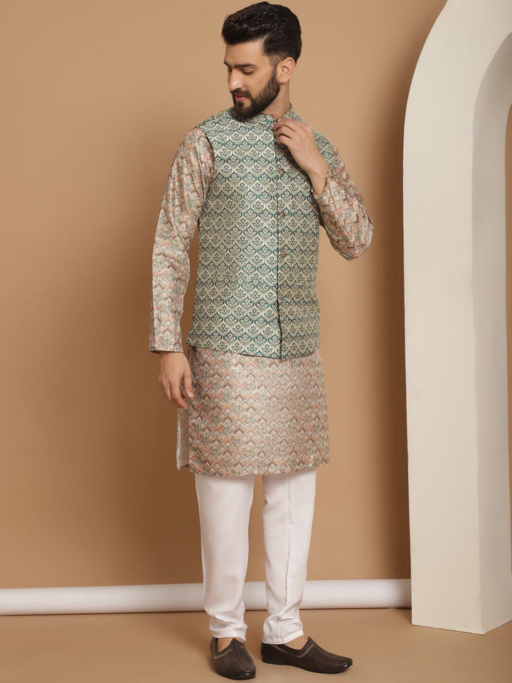 Anouk Beige Etnic Motif Tenunan Rekaan Kurta Lurus Dengan Jaket Churidar & Nehru