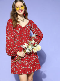 Berrylush Floral Print Puff Sleeve A-Line Mini Dress