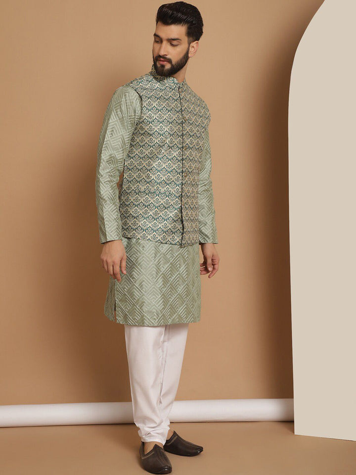 Anouk Mandarin Collar Embroidered Knee Length Regular Thread Work Kurta with Churidar