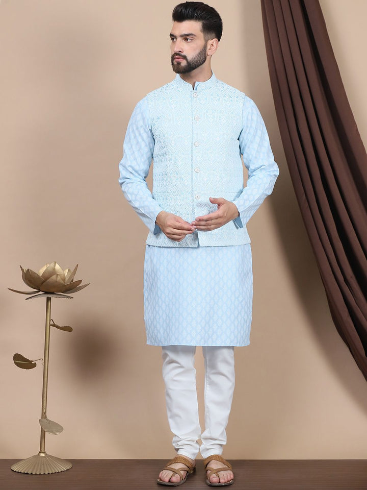 Anouk Floral Printed Regular Pure Cotton Straight Kurta With Churidar & Nehru Jacket