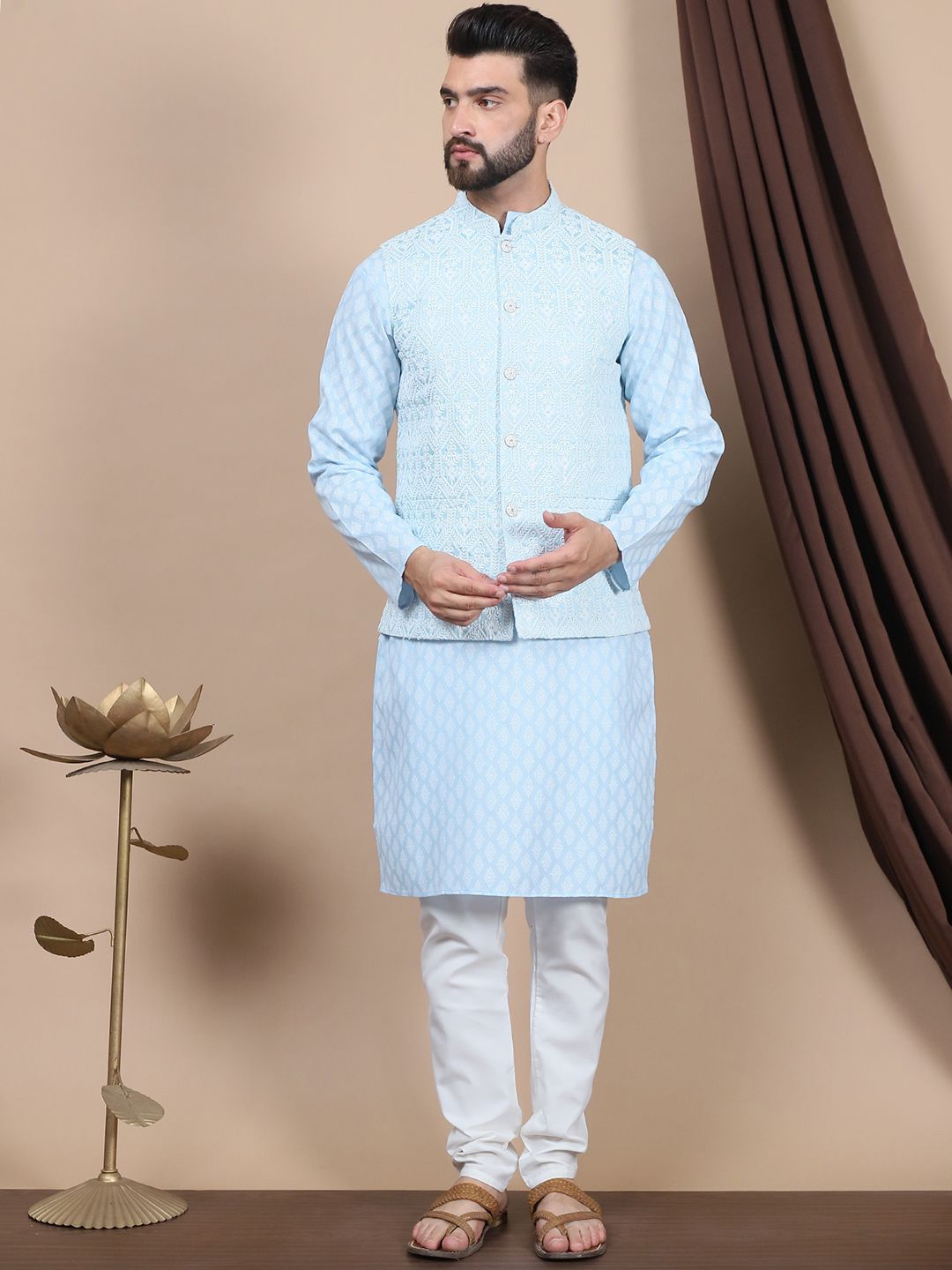 Anouk Floral Printed Regular Pure Cotton Straight Kurta With Churidar & Nehru Jacket