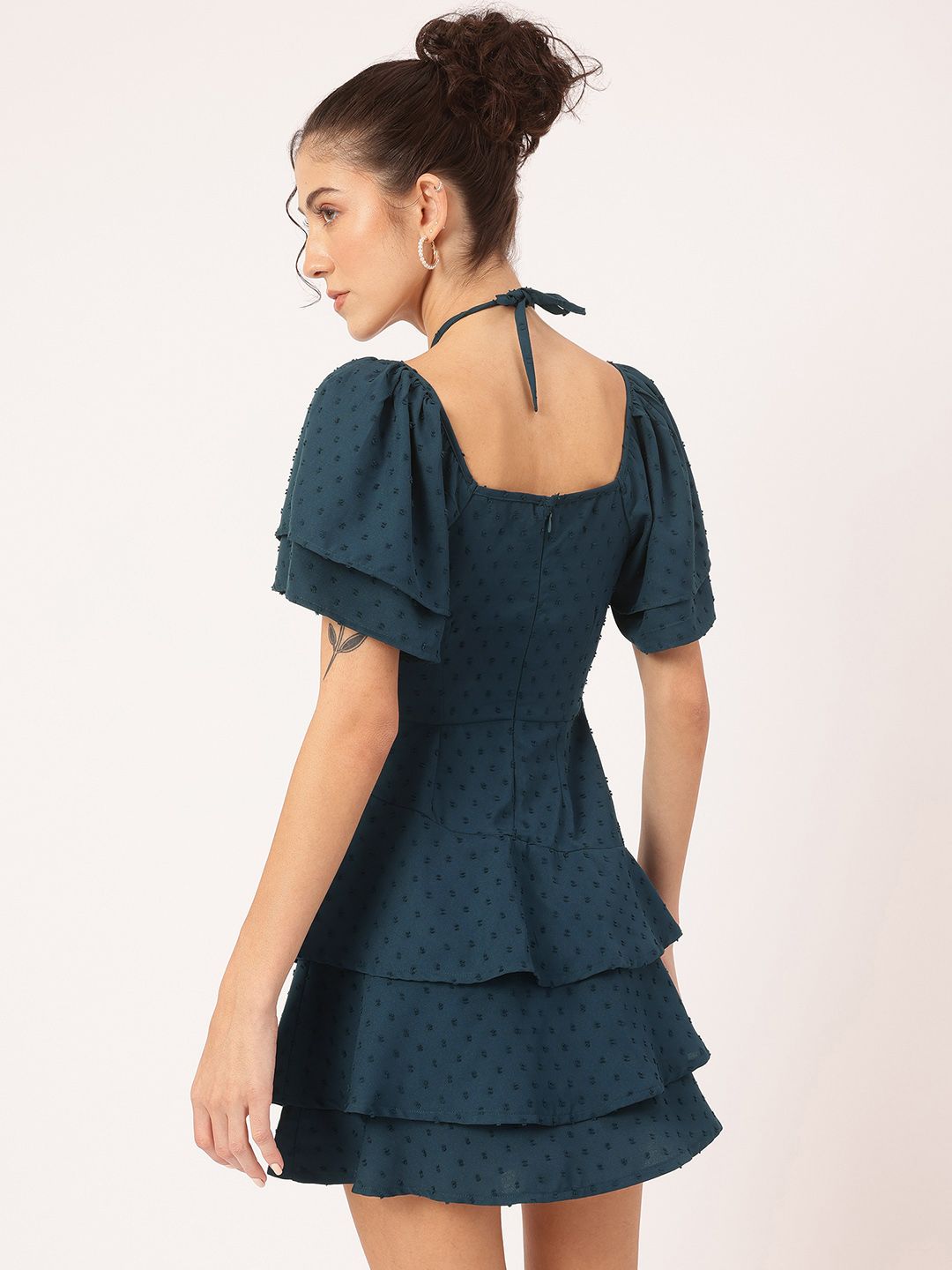 DressBerry Flirty & Fabulous Dobby Cut-Out Tie-Up Sweetheart Neck Layered Mini Dress