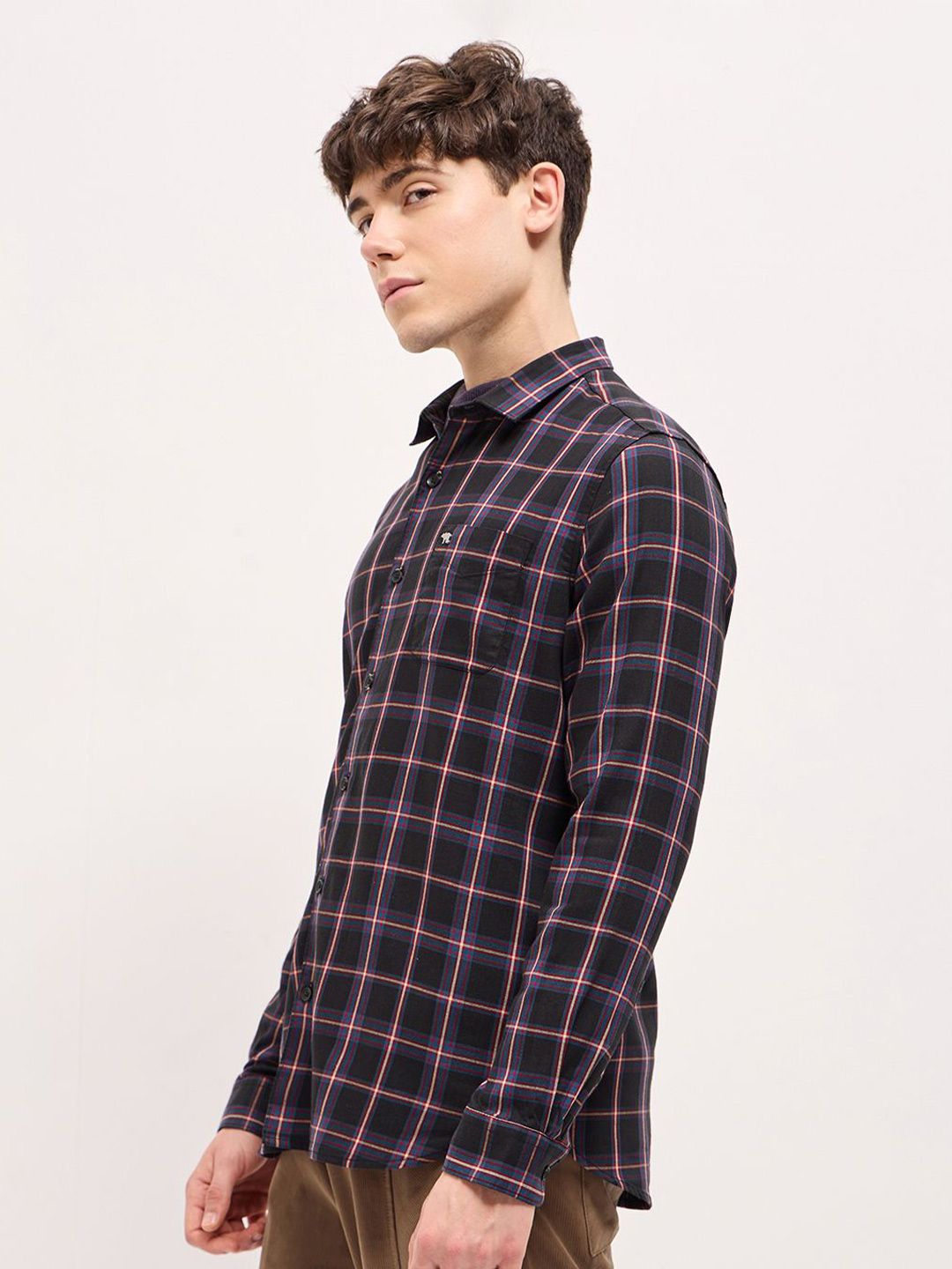 THE BEAR HOUSE Men Spread Collar Windowpane Checked Cotton Slim Fit Shirt