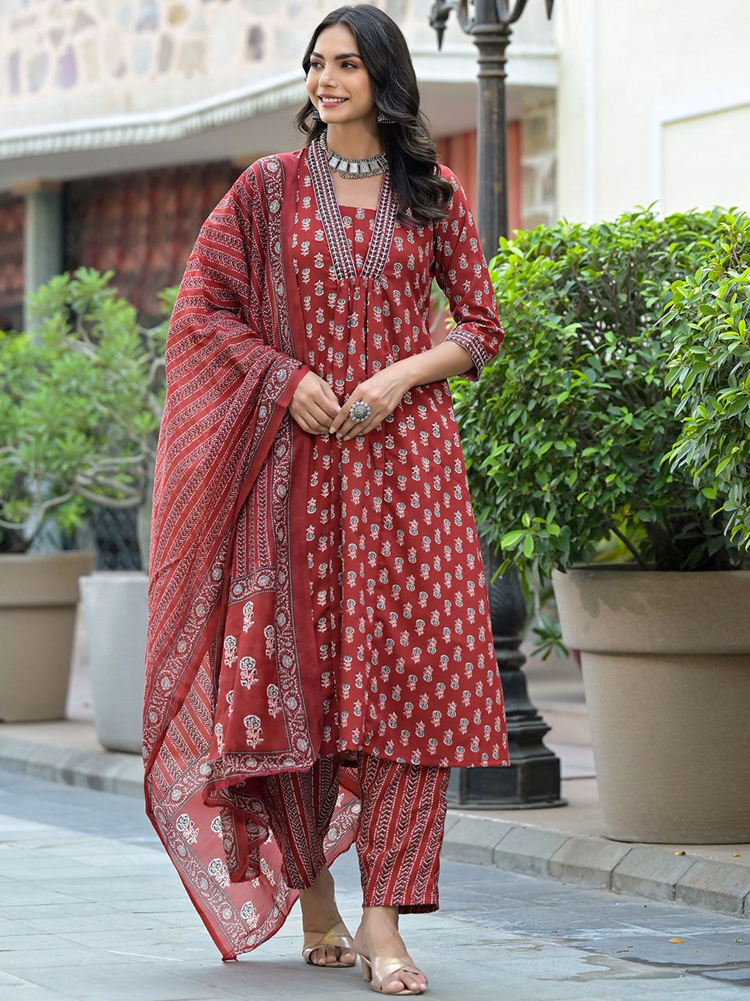 KALINI Floral Printed V-Neck Thread Work A-Line Kurta With Trousers & Dupatta