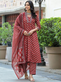 KALINI Floral Printed V-Neck Thread Work A-Line Kurta With Trousers & Dupatta