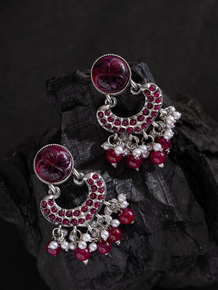 PANASH Silver-Plated Stones Studded And Beaded Contemporary Shaped Oxidized Drop Earrings