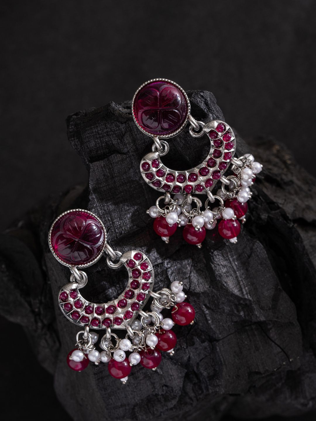 PANASH Silver-Plated Stones Studded And Beaded Contemporary Shaped Oxidized Drop Earrings
