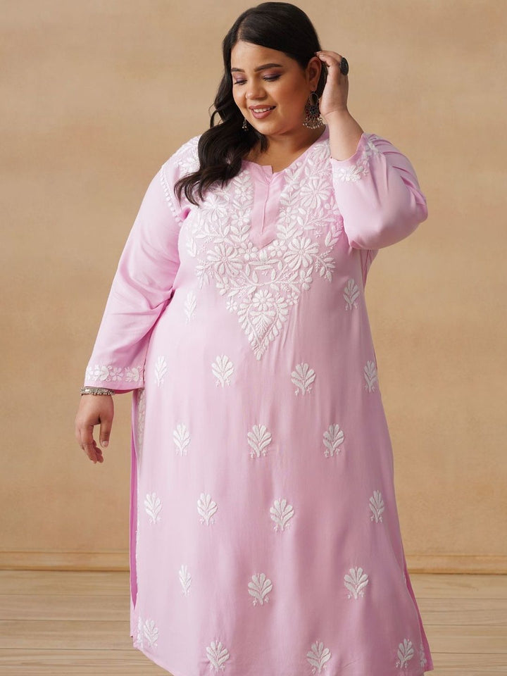 House of Chikankari Women Solid Pink 2 Pieces Regular Kurta with Trousers Set