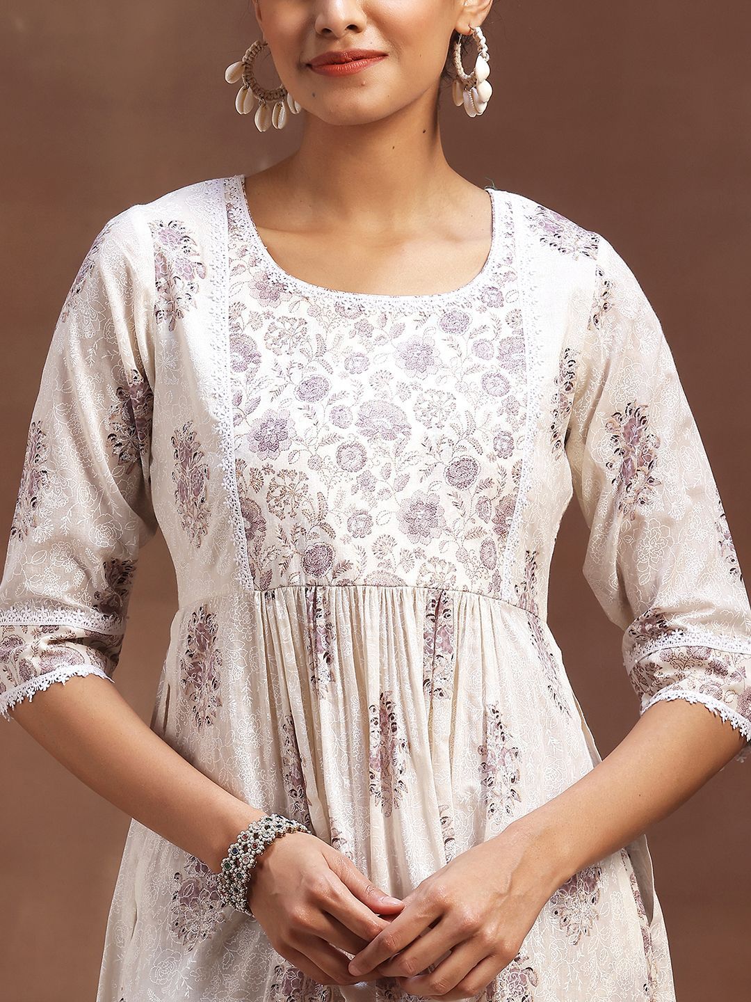 Libas Floral Printed Pleated Pure Cotton Kurta with Trousers & Dupatta