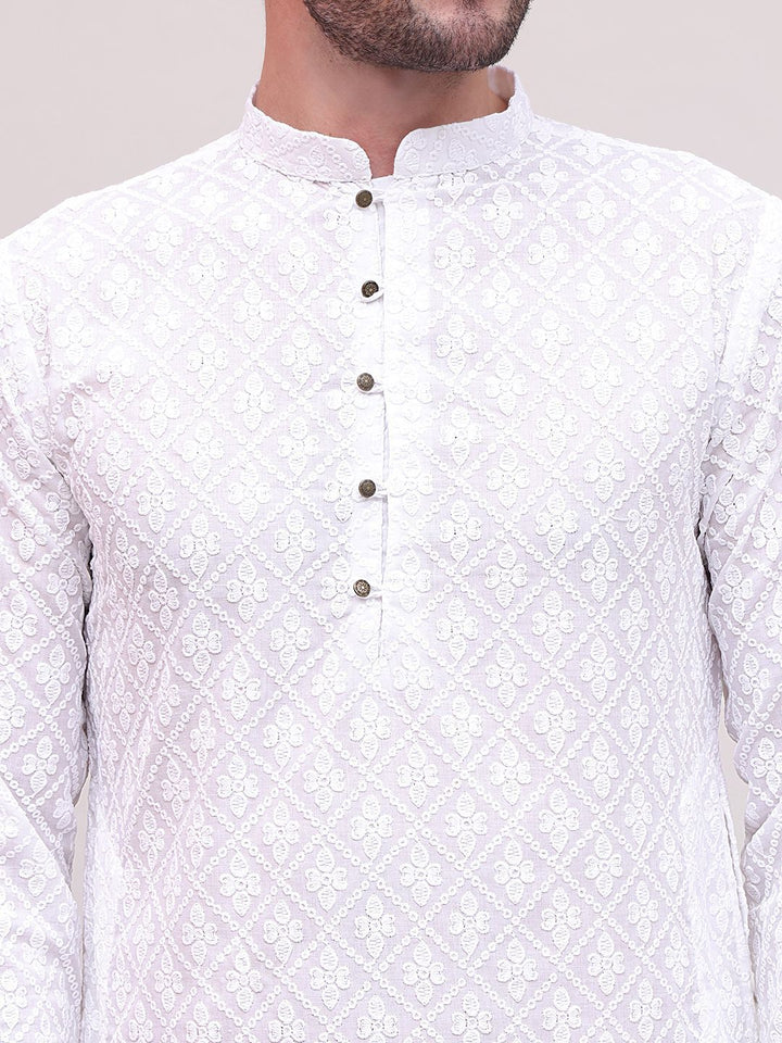 Jompers Floral Embroidered Chikankari Pure Cotton Straight Kurta with Pyjamas