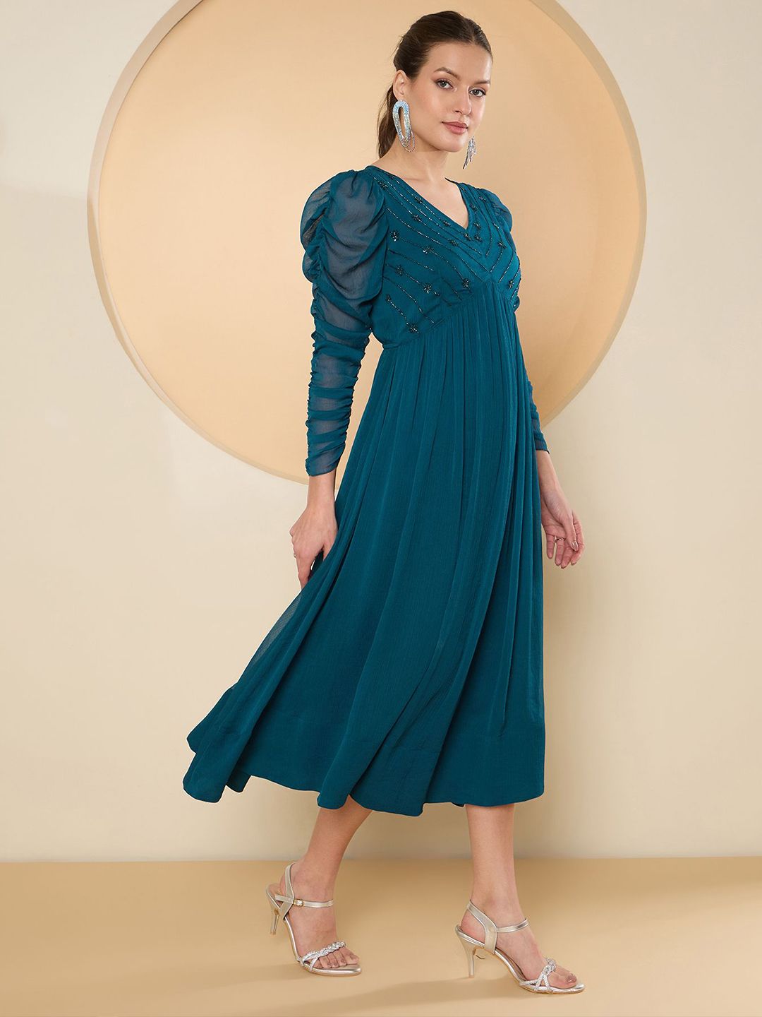 Antheaa Puff Sleeve Chiffon Embellished A-Line Midi Dress