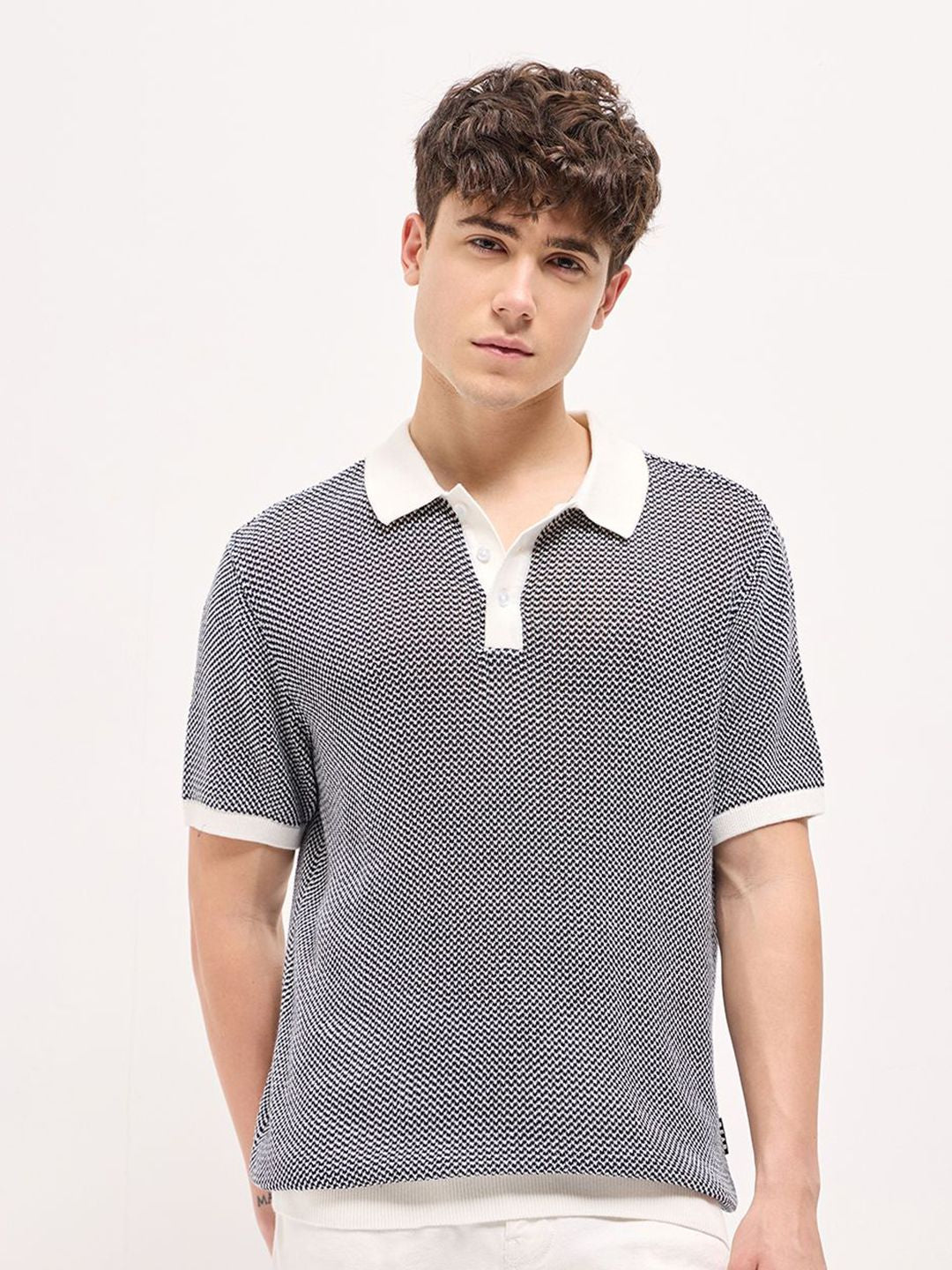 THE BEAR HOUSE Men Self Design Polo Collar Cotton T-shirt