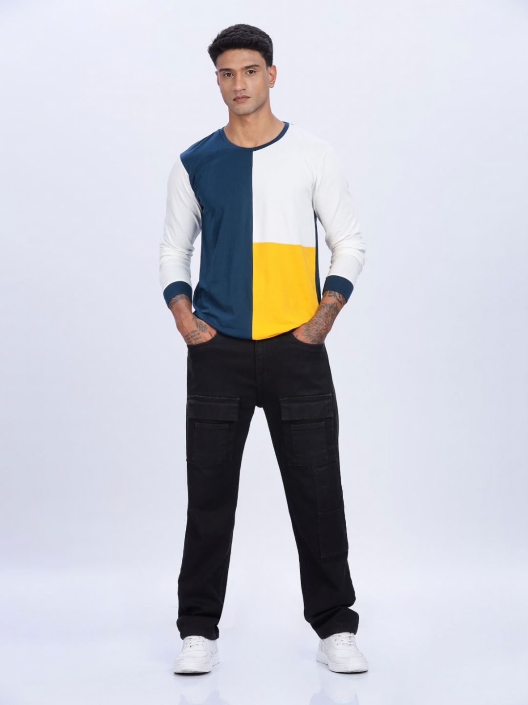 ADRO Lelaki Colourblocked Round Neck Cotton T-shirt