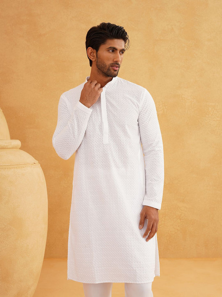 SOJANYA Kolar Mandarin Sulam Geometrik Pure Cotton Kurta Lurus