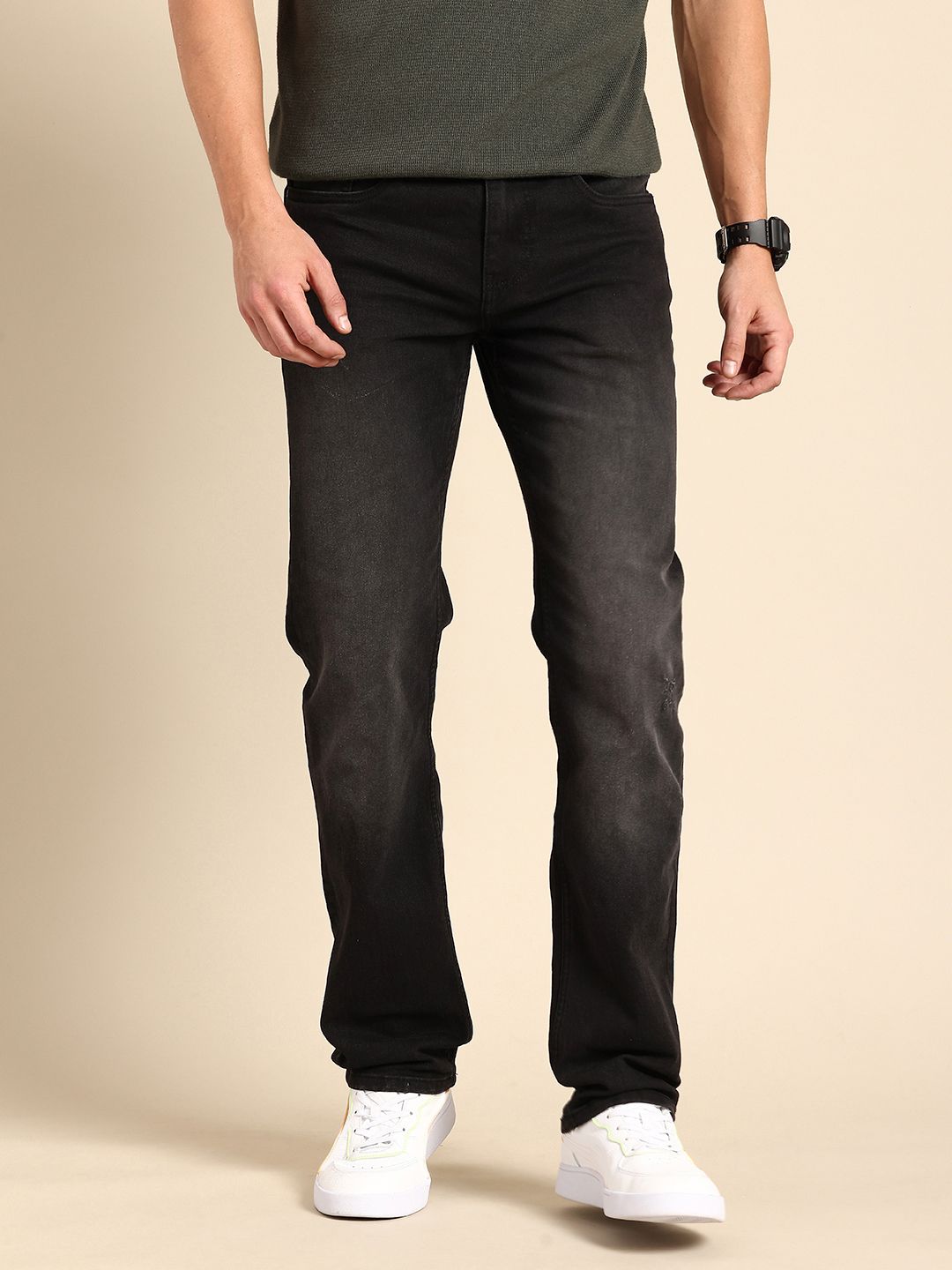 Being Human Men Straight Fit Low Distress Light Fade Stretchable Jeans