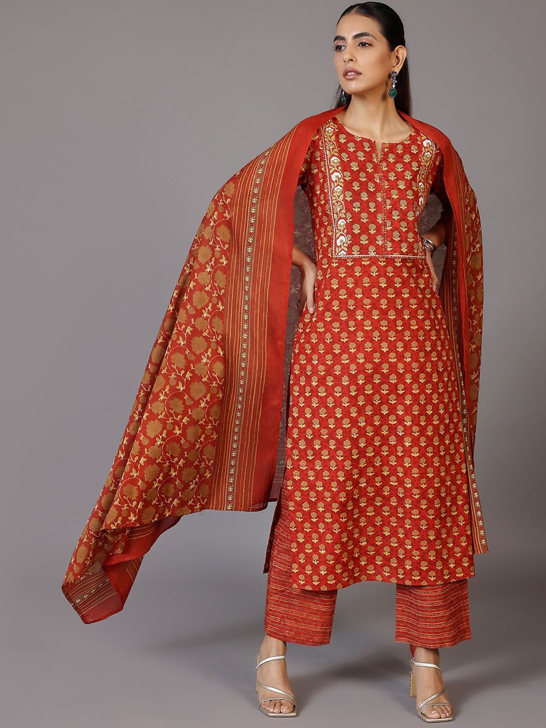 Libas Floral Printed Regular Gotta Patti Pure Cotton Kurta with Palazzos & With Dupatta