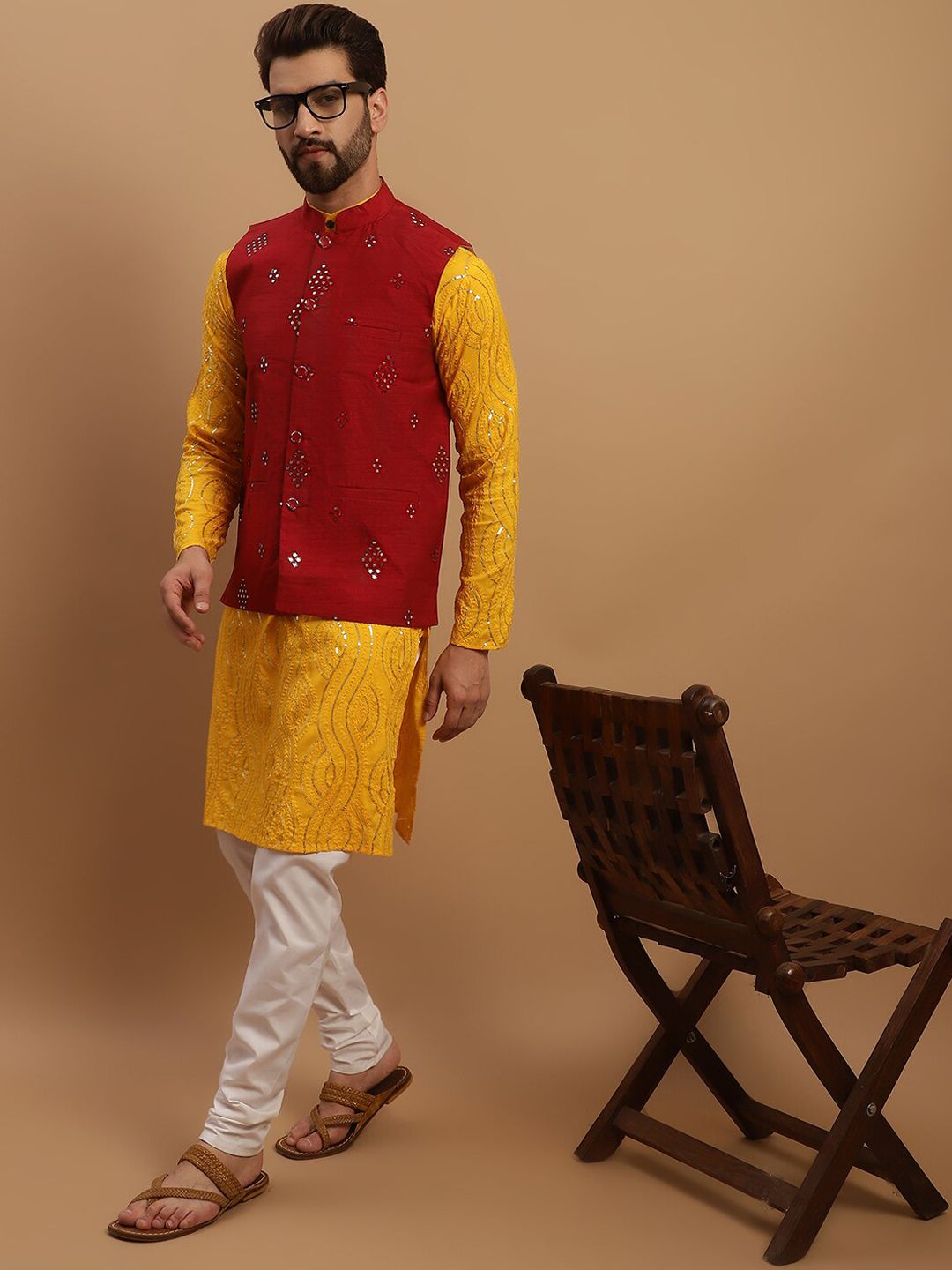 SOJANYA Embroidered Sequinned Pure Cotton Kurta with Churidar & Embellished Nehru Jacket