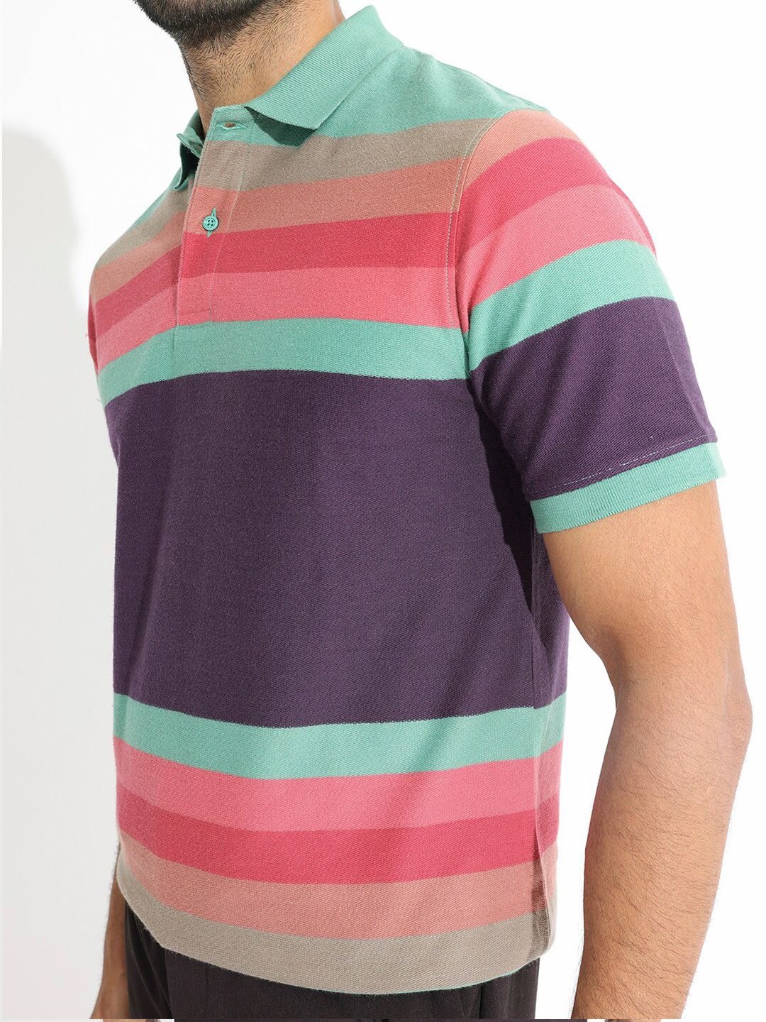 RARE RABBIT Men Glasglow Striped Polo Collar Slim Fit Pure Cotton T-Shirt