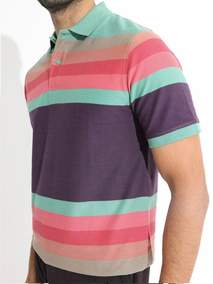 RARE RABBIT Men Glasglow Striped Polo Collar Slim Fit Pure Cotton T-Shirt