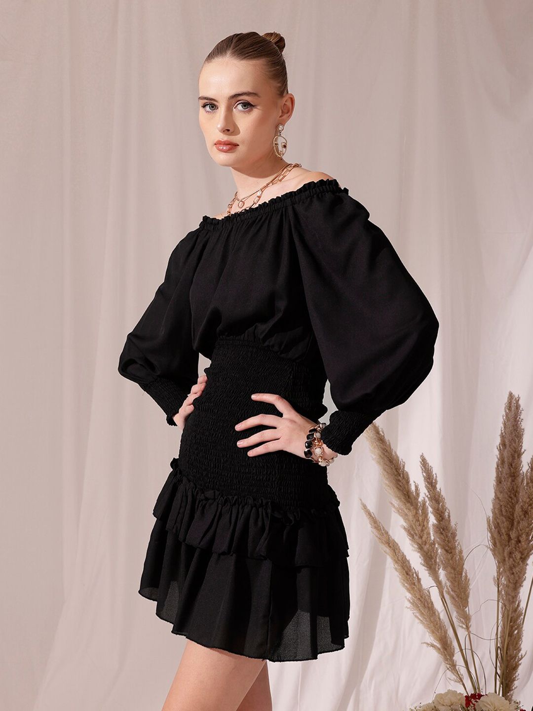 STREET 9 Off-Shoulder Smocked Georgette Layered A-Line Dress