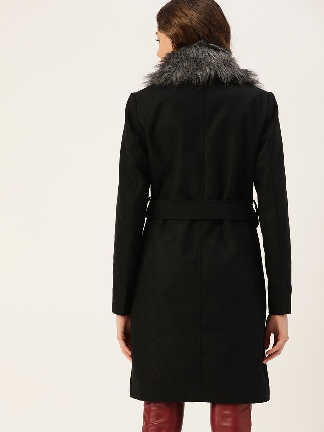 DressBerry Women Black Solid Faux Fur Collared Longline Overcoat
