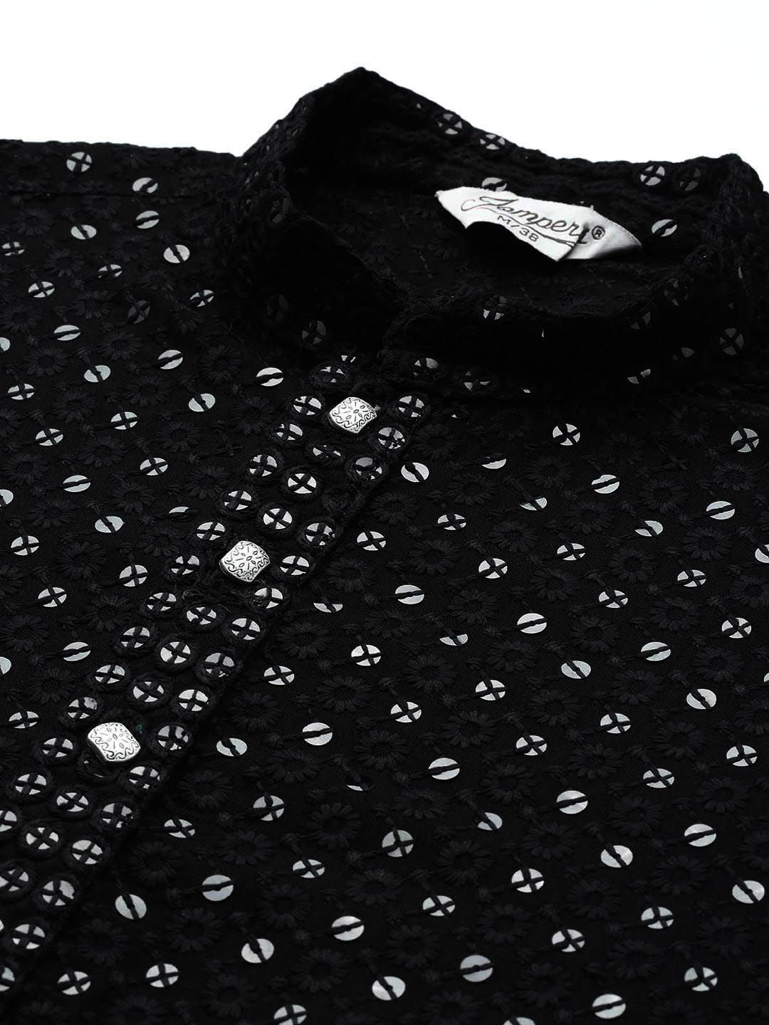 Jompers Men Floral Embroidered Chikankari Pure Cotton Kurta with Pyjamas