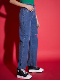 SASSAFRAS Women Navy Blue Straight Fit High-Rise Slash Knee Stretchable Jeans