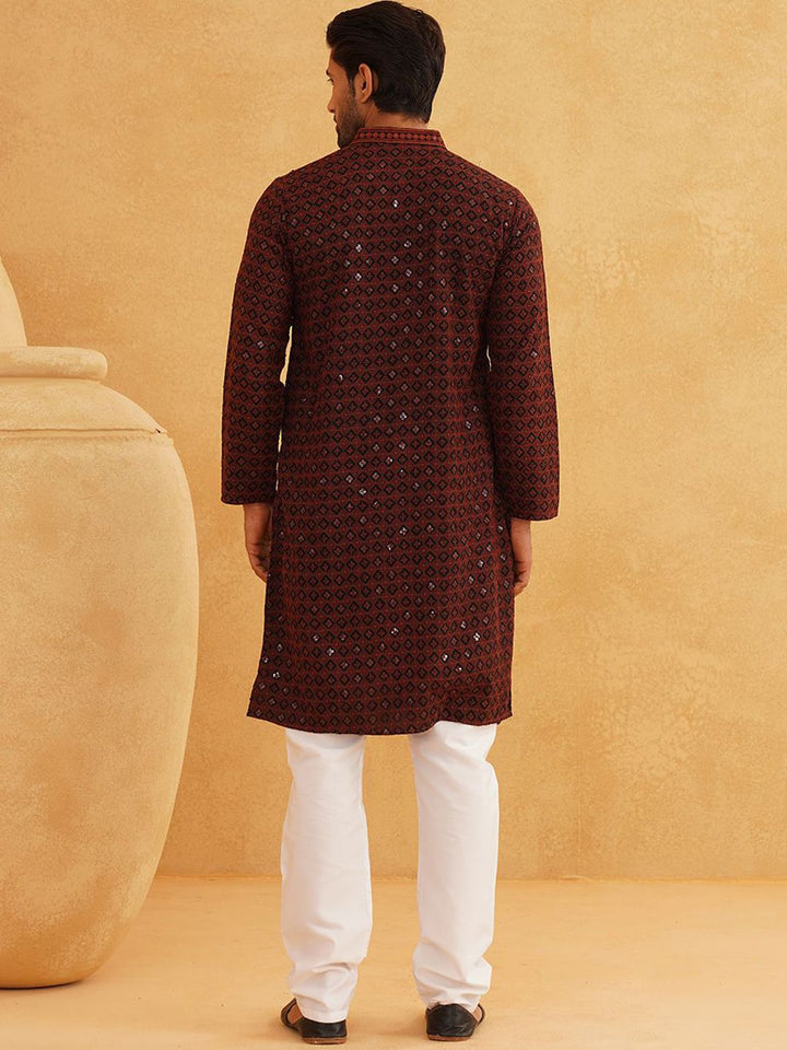 SOJANYA Geometric Embroidered Mandarin Collar Thread Work Pure Cotton Kurta with Churidar