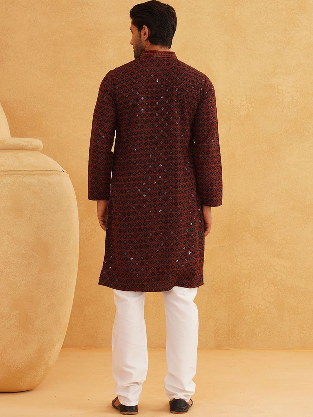 SOJANYA Geometric Embroidered Mandarin Collar Thread Work Pure Cotton Kurta with Churidar