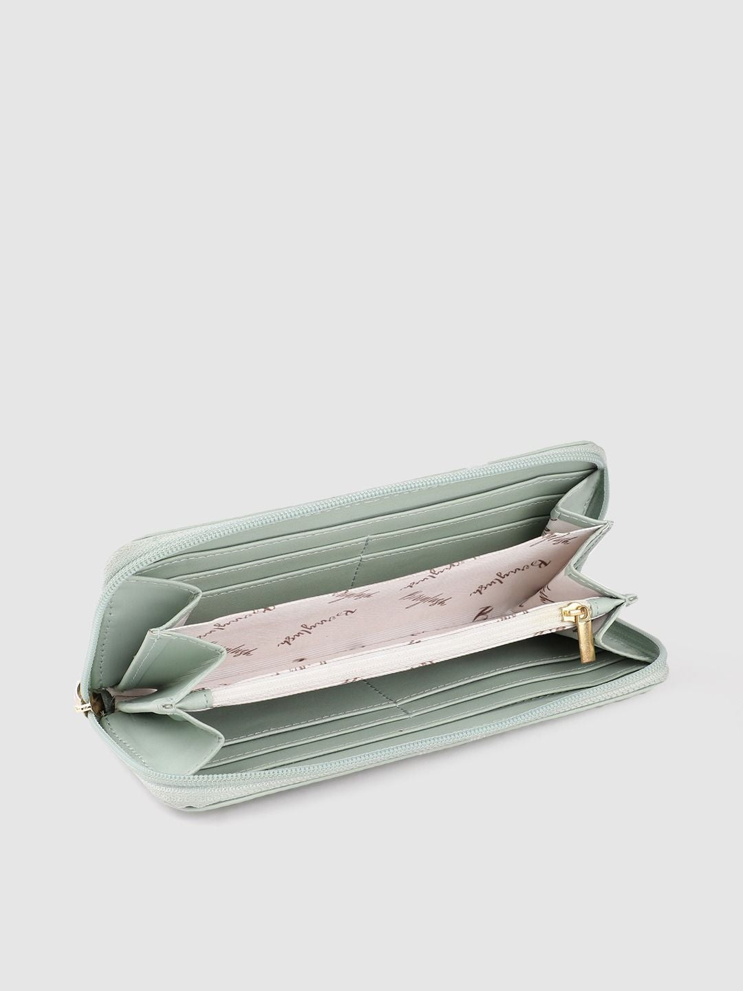 Berrylush Women Green Floral Printed Zip Detail Zip Around Wallet