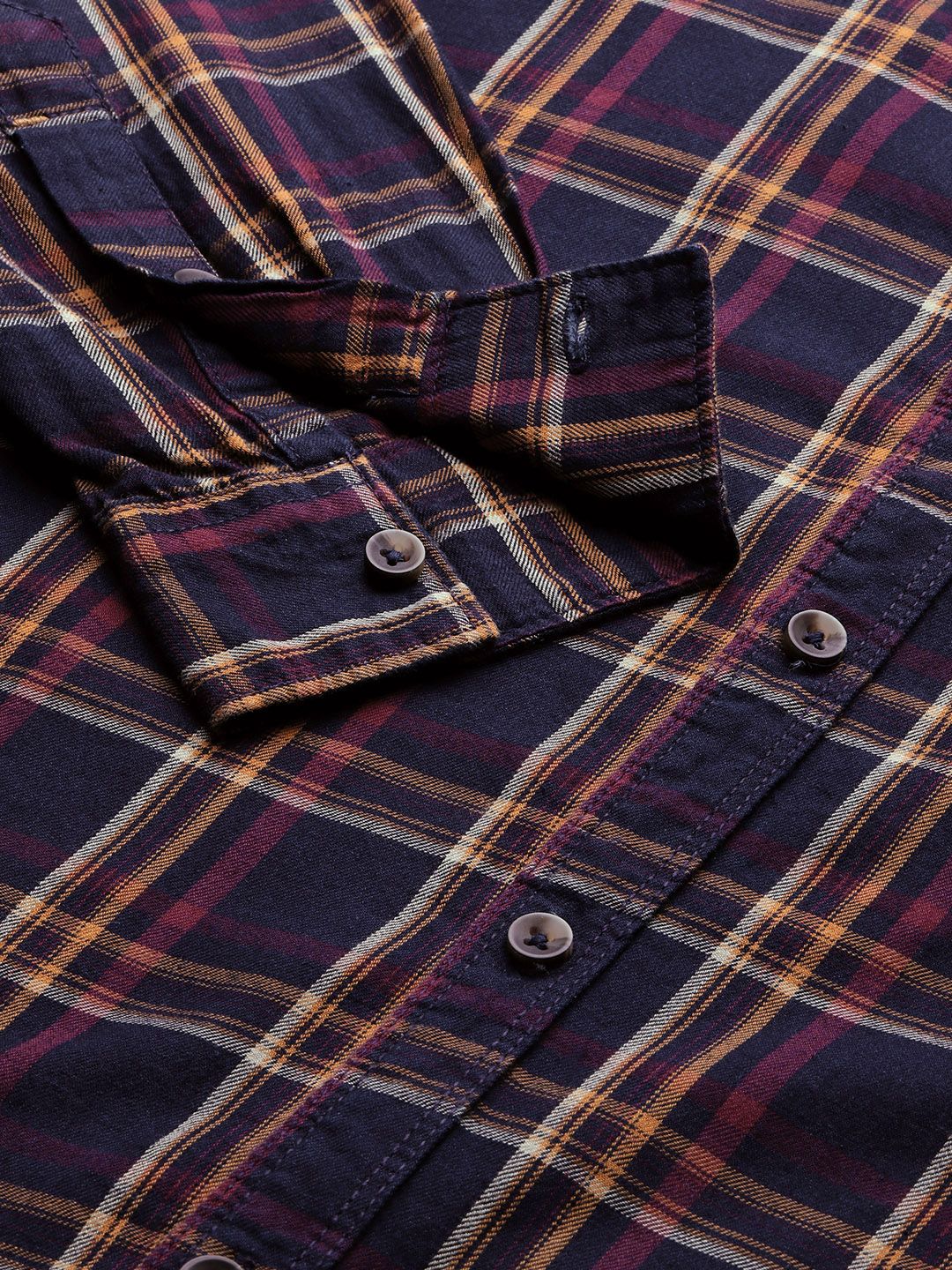 The Indian Garage Co Men Navy Blue & Yellow Checked Casual Shirt